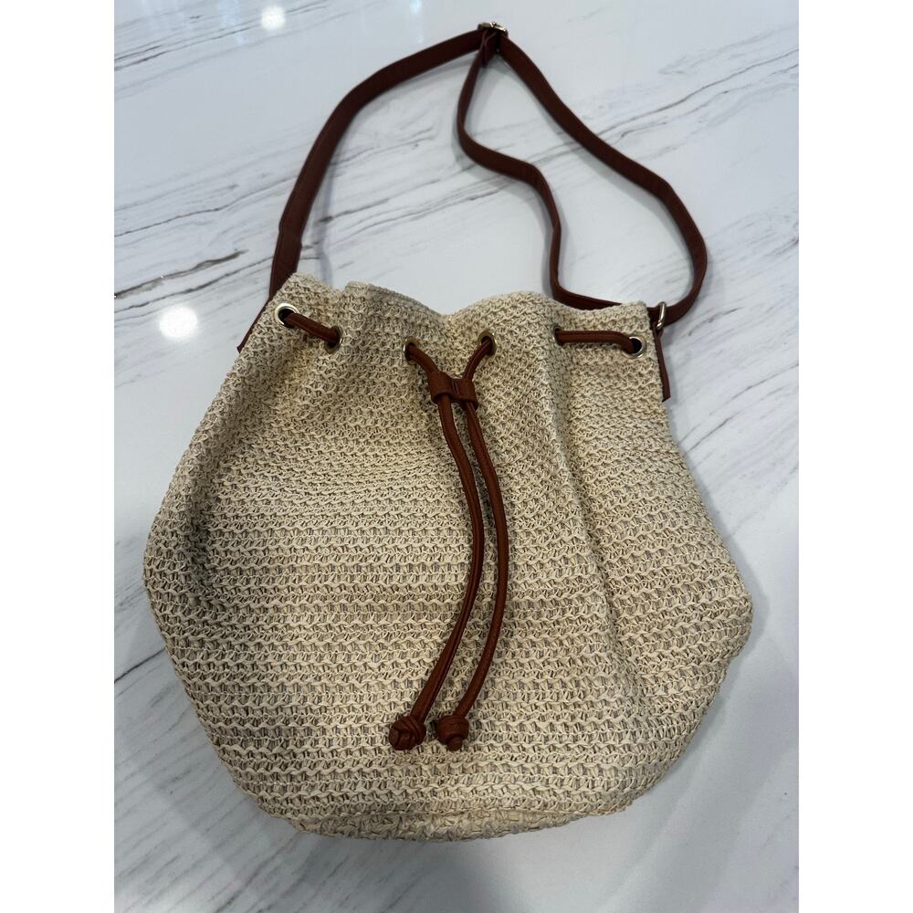 Montce Ali Raffia Bucket Bag w/ Brown Vegan Leather Strap and Gold Tone Hardware